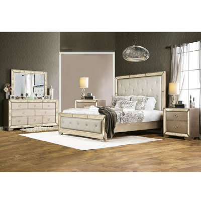 4 Piece Bedroom Set With Two Nightstands, Champagne