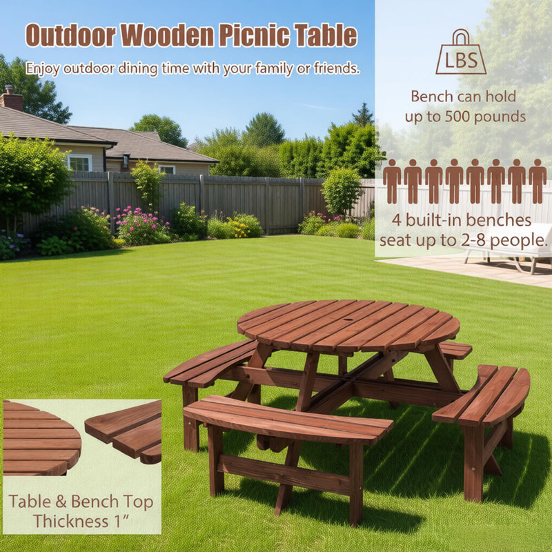 8-Person Round Picnic Table Set With 4 Built-In Benches & Umbrella Hole,Brown, Brown