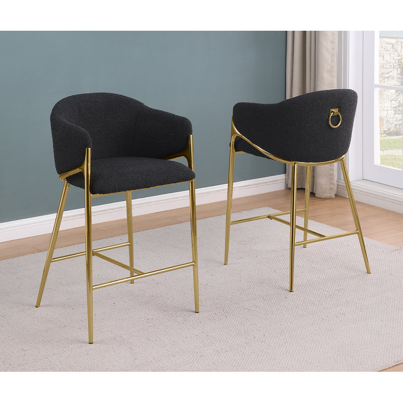 Tabourets de bar en tissu Teddy Boucle, Tabouret de comptoir (siège d'une hauteur de 26 p, Siège noir / cadre doré