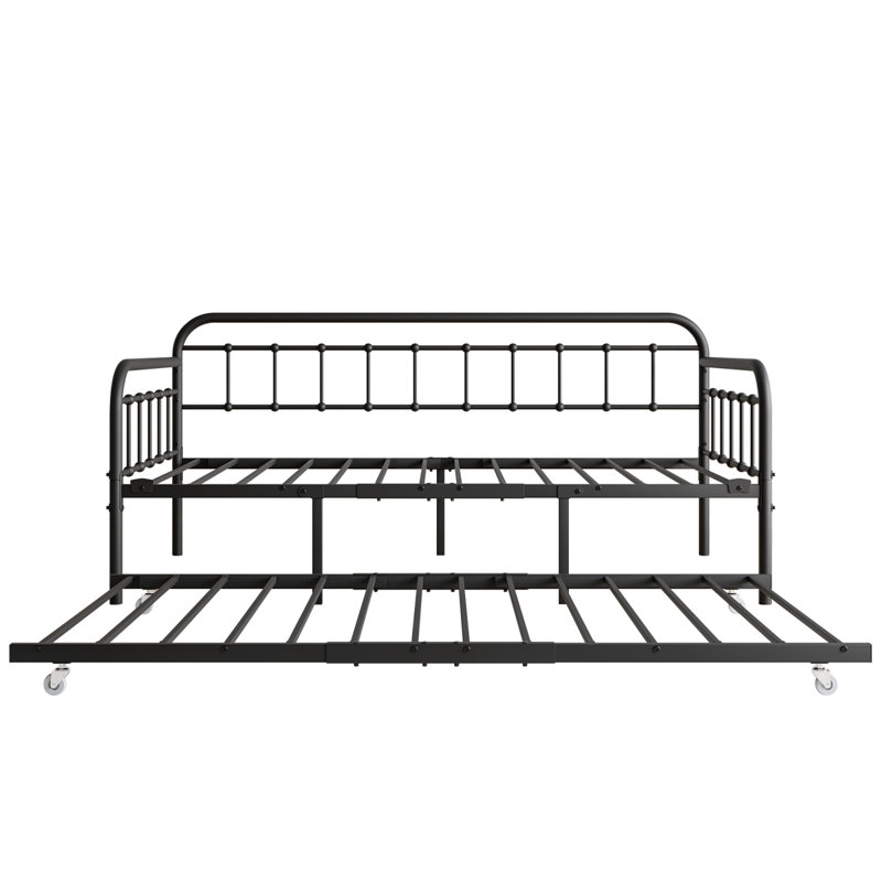 Metal Daybed Frame With Trundle, Heavy Duty Steel Slat Support Sofa Bed Platform With Headboard, No Box Spring Needed
