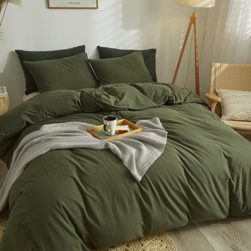 Ensemble de housse de couette douce en coton délavé Boho, Vert d’armée, Housse de couette grand et 2 taies d'oreiller stan