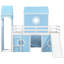 Lit simple mezzanine bleu avec glissade, tente rose et tour