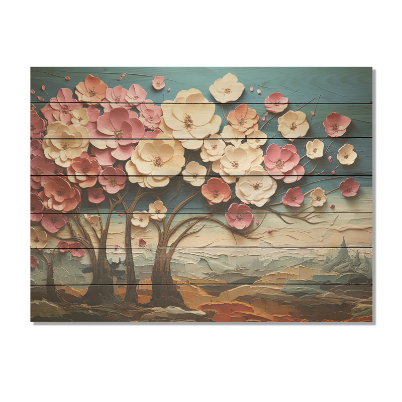 Arbre dynamique à pétales blancs et roses II - impression sur bois, H 10 po x l 20 po x P 0,78 po