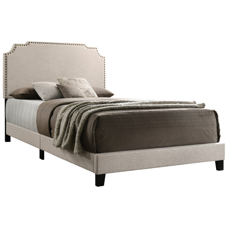 Eastern King Panel Bed Upholstered In Copper Beige, Softly Wrapped Fabric And With Structured Headboard Beige Classic Design Box Spring For Added Support