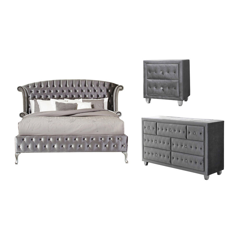 Ensemble de chambre à coucher rembourrée 3 pièces avec commode Mikrut, Gris, Très grand californien