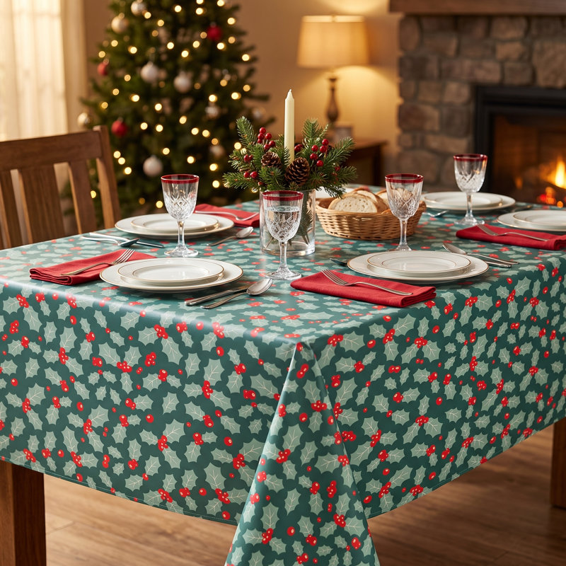 Christmas Tablecloth Rectangle, Holly on Green PEVA Vinyl Holiday Tablecloth, 52 x 70 Inch
