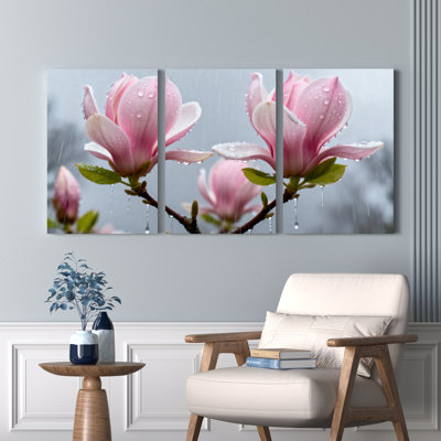 Rose Magnolia fleur gouttes de pluie sur toile tendue, ensemble de 3 reproductions de peinture à l'huile sur toile pour salon chambre à coucher