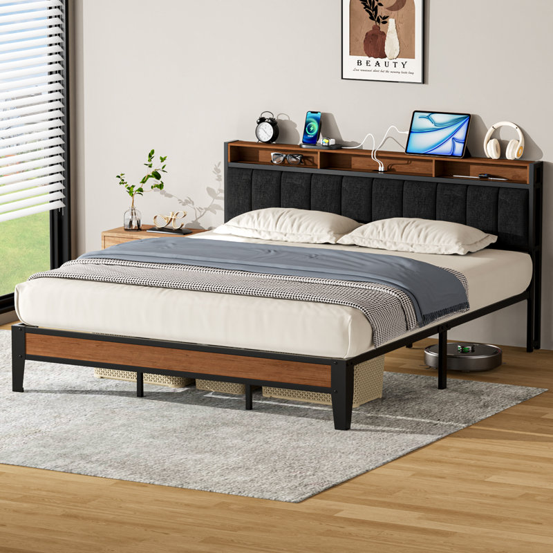 Upholstered Bed Frame with Charging Station and Storage Headboard, Black, California King