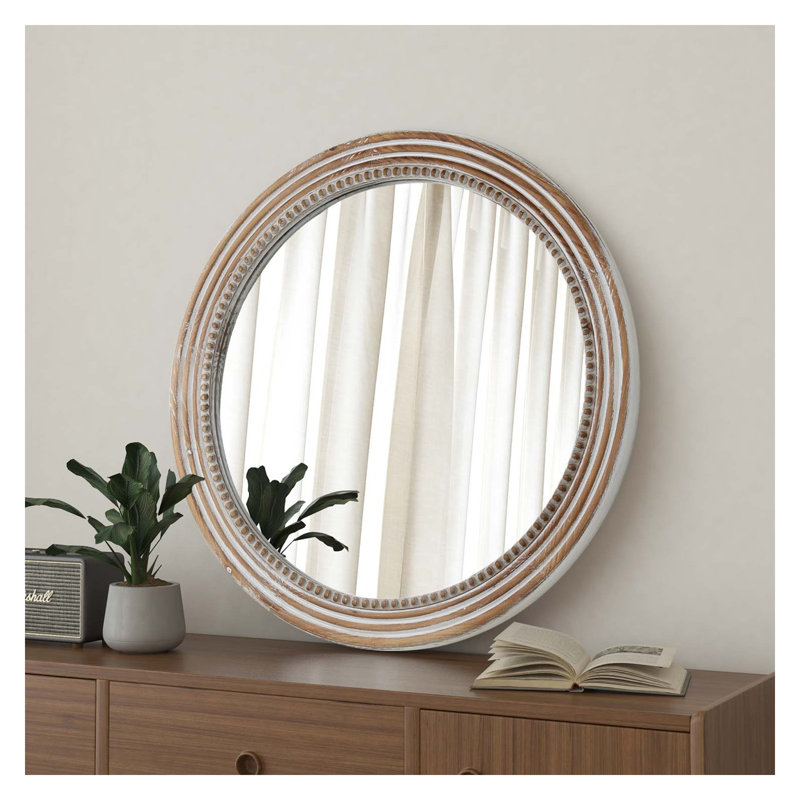 Miroir mural rustique rond de 70 cm (27,56 pouces), cadre en bois blanc antique orné de perles, idéal pour une décoration de style campagnard.