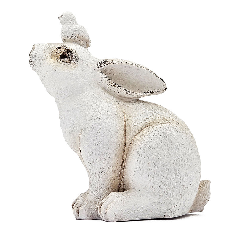 Resin Sitting Bunny With Bird On Head  Set of 2  5.7" x 3.5" x 6.5"H  White