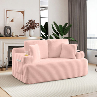 Boneless Modern Corduroy Loveseat Sofa, Compression Cloud Couch with 2 Pillows & 2 Cup Holders, No Assembly Couch in a Box for Small Space