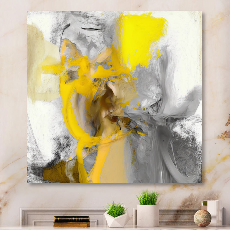 Moutarde jaune et gris vif I - décoration murale abstraite en métal, H 16 po x l 16 po x P 1 po