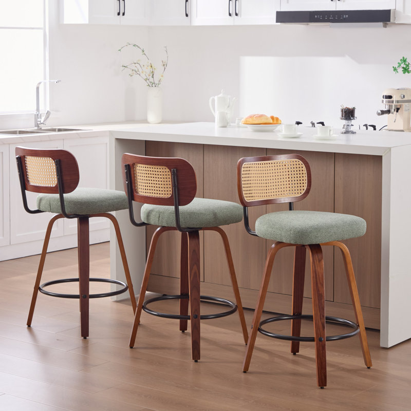 Set Of 3, 26-Inch Counter Height Bar Stools With Swivel, Cane Rattan Back, And Light Green Linen Upholstered Seats For Kitchen Island Or Bar | Gift Idea