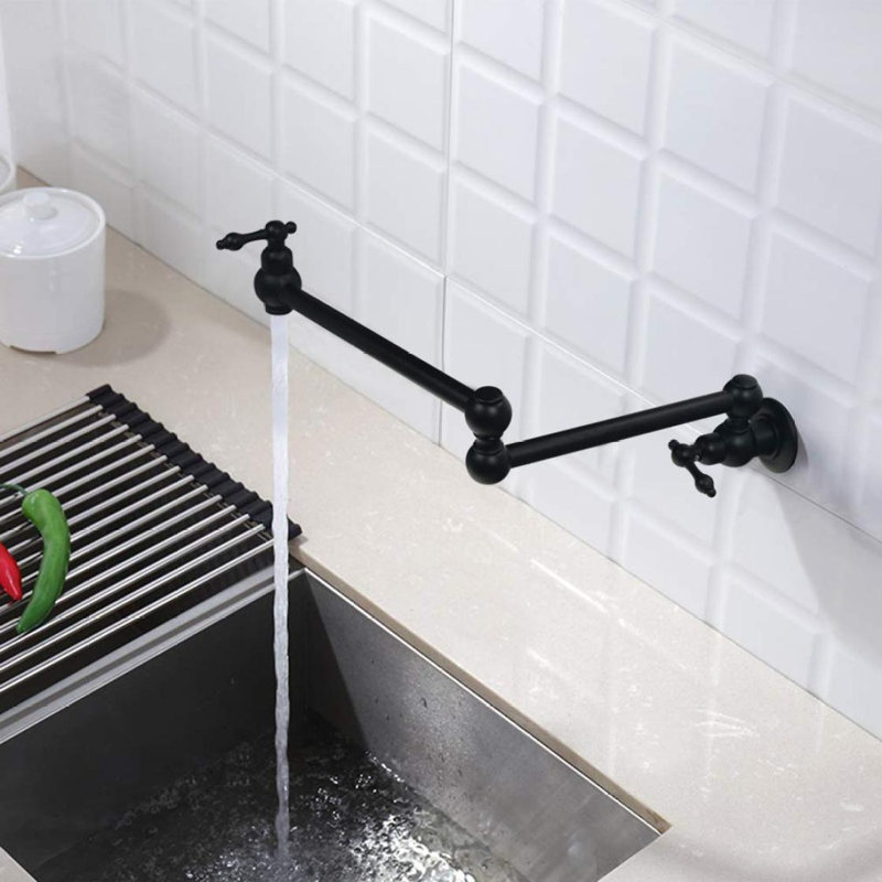 Robinet remplisseur de pot mural avec bras articulés doubles noir mat, Noir mat