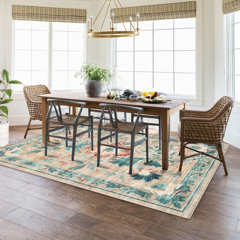 Washable Folding Floral Print Rug Washable Non - Slip Backing for Living Room Bedroom, Rectangle 10' x 13', Brown