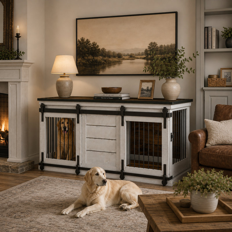 Meuble double pour cage de chien / petits et moyens chiens / bois massif / porte coulissante / cloison amovible / meuble télé