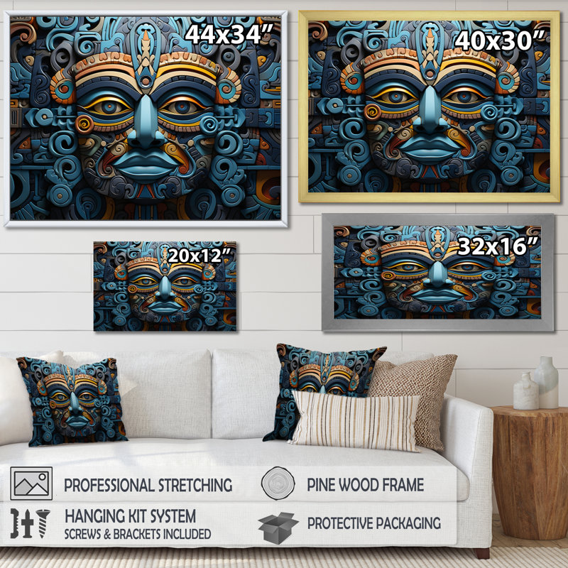 «Teal Gold Mexico Vibrant Aztec Mask II», reproduction sur toile encadrée, Toile tendue, H 12 po x l 20 po x P 1 po