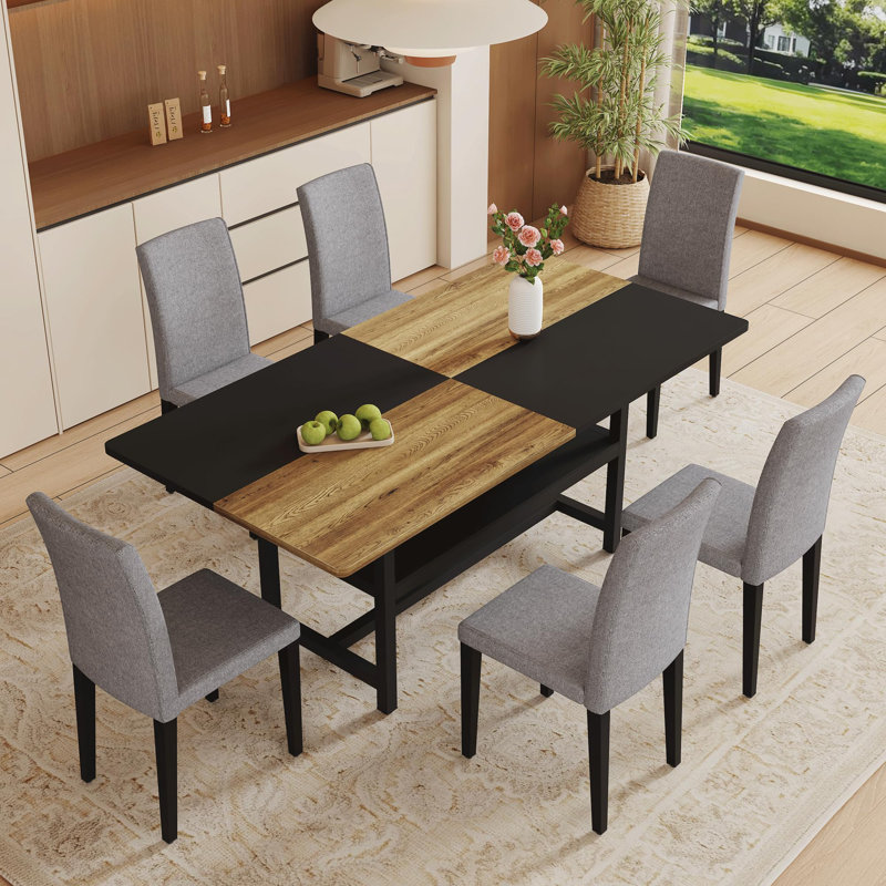 Rectangular Dining Table Set For 6, 71" Farmhouse Dining Table Set With 6 Upholstered Chairs And Storage Shelf, Wooden Tabletop With Metal Frame, Black/Wood Split-Colour