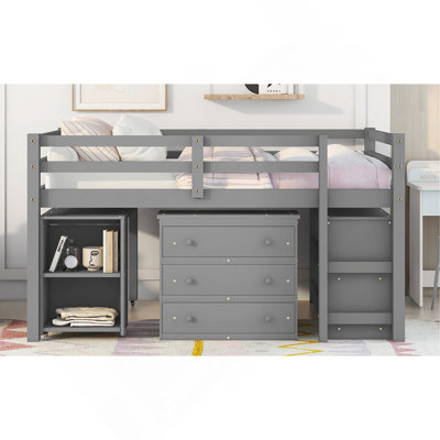 Lit mezzanine double bas avec cabinet, tablettes et bureau portatif à roulettes, lit multifonctionnel