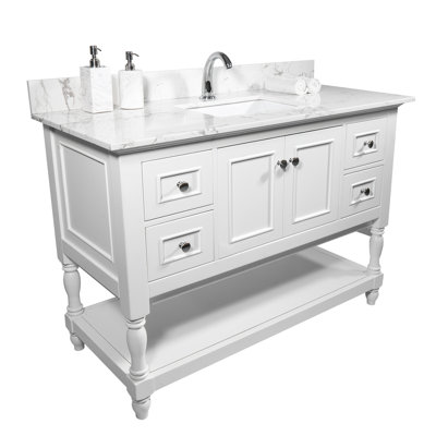 Dessus de meuble-lavabo de salle de bain 43 po x 22 po - Finition marbre blanc pierre d'ingénierie avec lavabo rectangulaire encastré en céramique et trou de robinet anti-éclaboussure arrière de couleur assortie, lavabo rectangulaire, éclaboussure, devoir