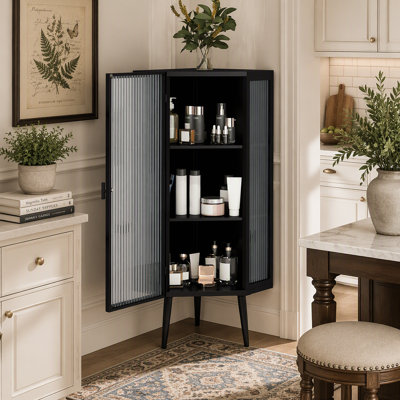 Armoire 22,25 po à trois niveaux avec portes en verre trempé et tablettes de rangement pour la salle de bain, le salon et la chambre à coucher (noir)