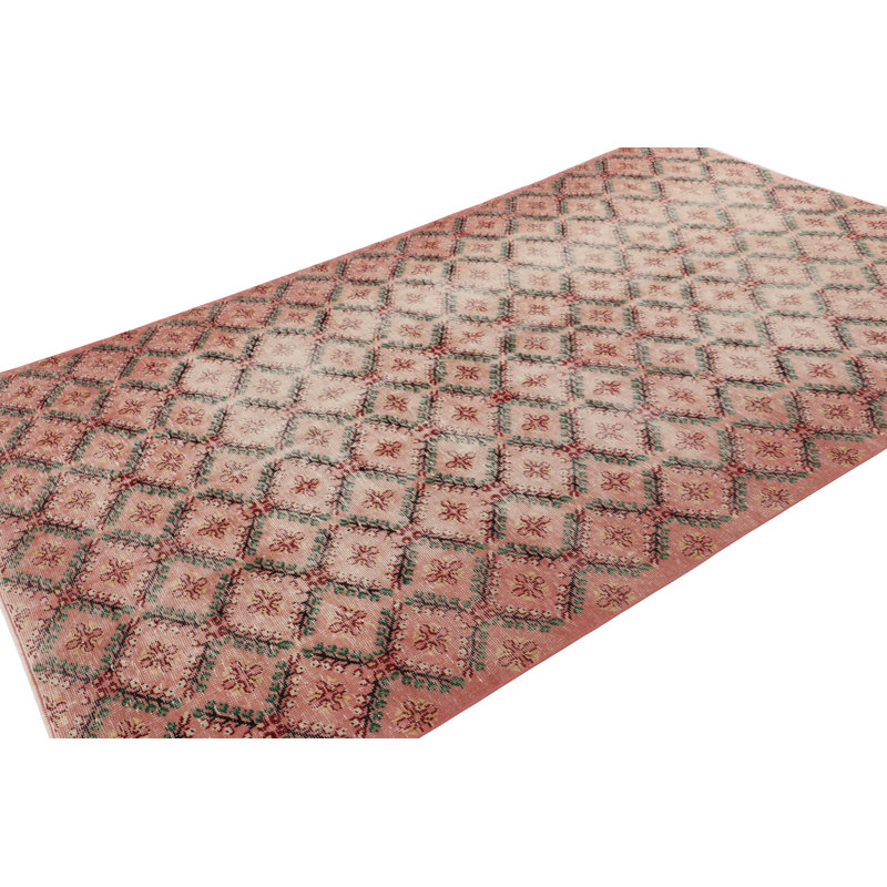 Vintage Distressed Rug, Pink And Green Geometric Floral Pattern - Rug & Kilim