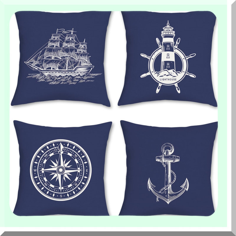 Coastal Anchor Lighthouse Sailboat Decor Pillow Covers - Set of 4 Nautical Navy Blue Linen Cushion Cases for Sofa Couch Bed Home Decor -