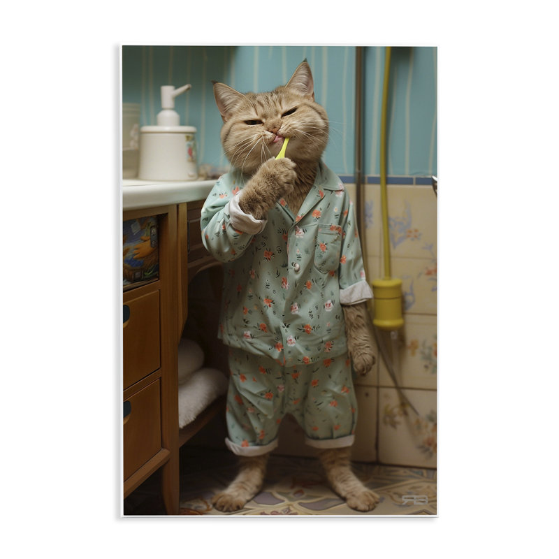 Cat Brushing Teeth Wall Plaque Art by Roozbeh Bahramali, 19" H x 13" W