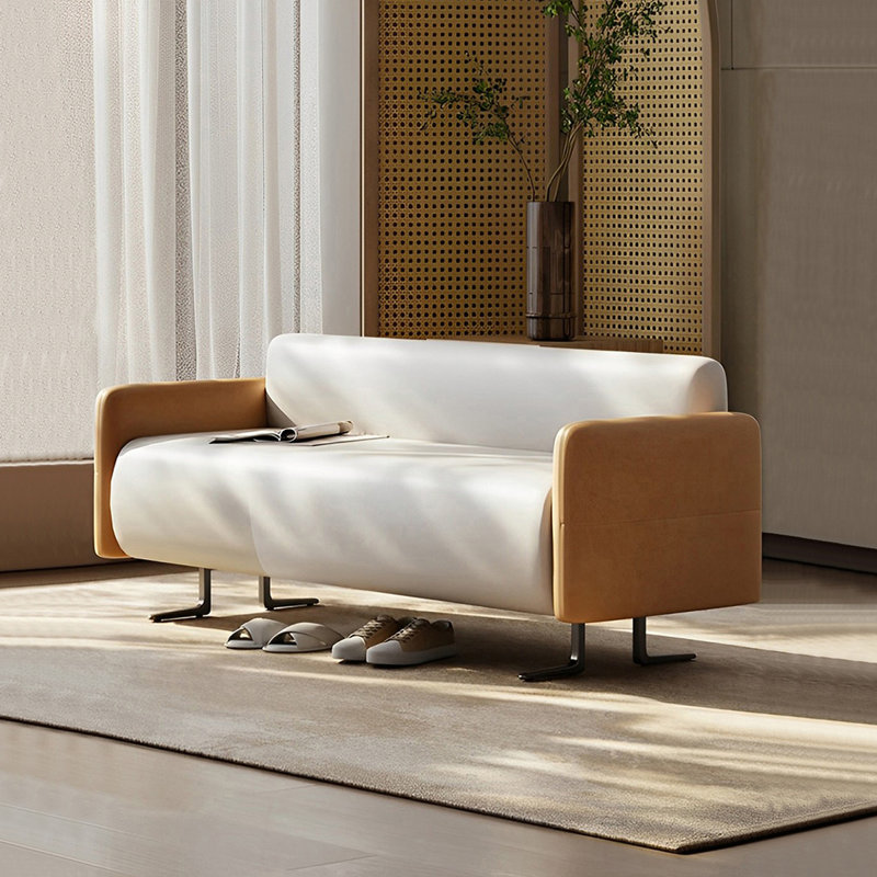 Reidun Microfiber Leather Upholstered Bench, 23.22" H x 39.37" W x 21.65" D, Orange/Cream