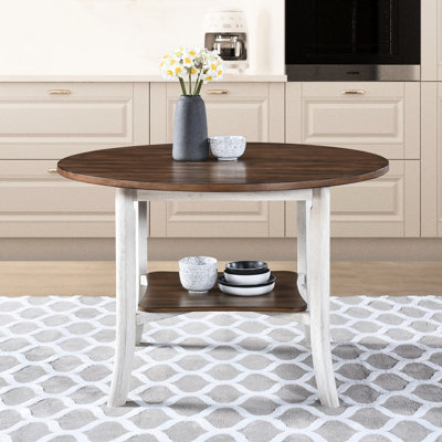 Table de salle à manger moderne moderne de 45,7 pouces. Tablette pour le rangement. Chêne foncé antique et finition blanche. Bois massif et matériau. 46,9 po carré, 30 po de hauteur. Parfaits pour les petits espaces. Améliore la table de décoration intérieure,