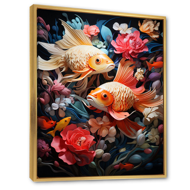 «Minimalisme Fish Collages IV», reproduction d'art sur toile, Cadre flottant doré, H 20 po x l 12 po x P 1 po