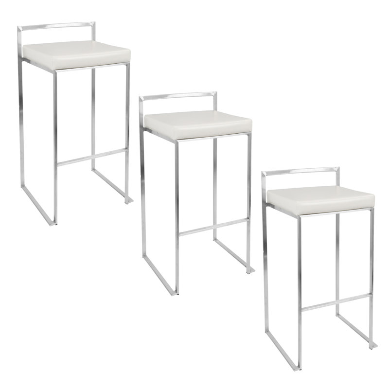 Ernestine Stackable Faux Leather Stool, Bar Stool (30" Seat Height), White/Stainless Steel