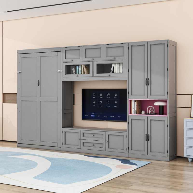 Lit escamotable simple 2 tiroirs en bois avec tablettes et armoires, gris