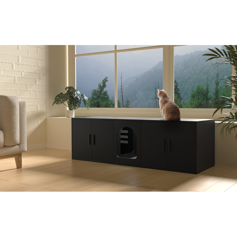 Black Wooden Double Room Cat Litter Box Enclosure