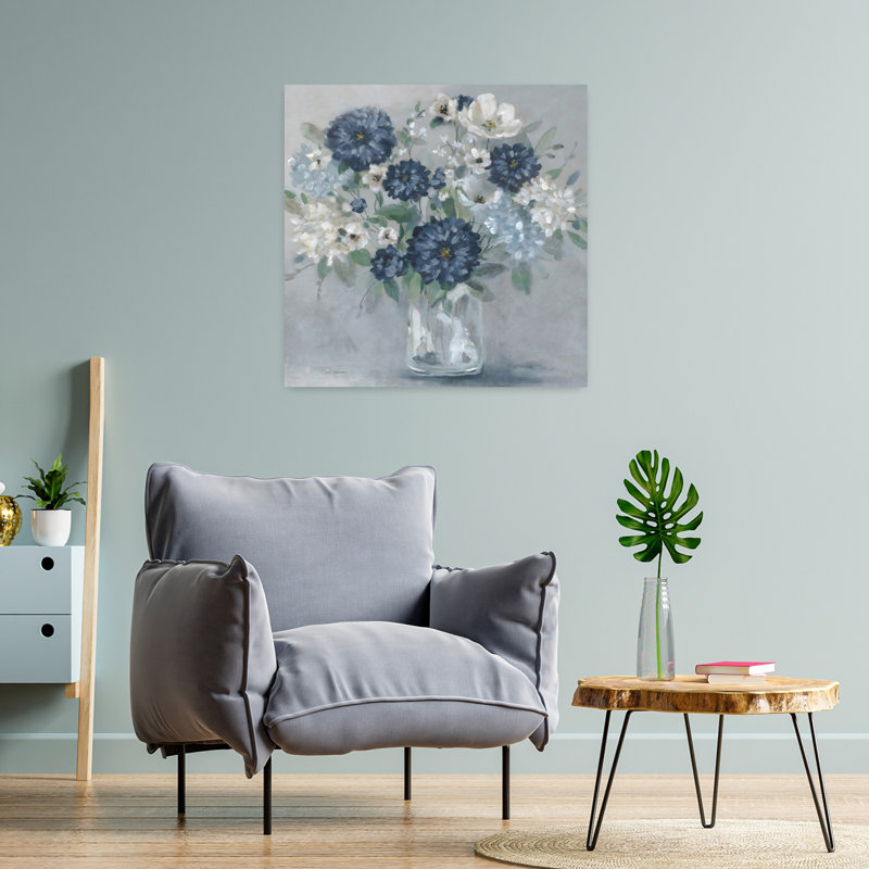 «Bold Indigo Bouquet», art mural contemporain abstrait, 24" H x 24" W