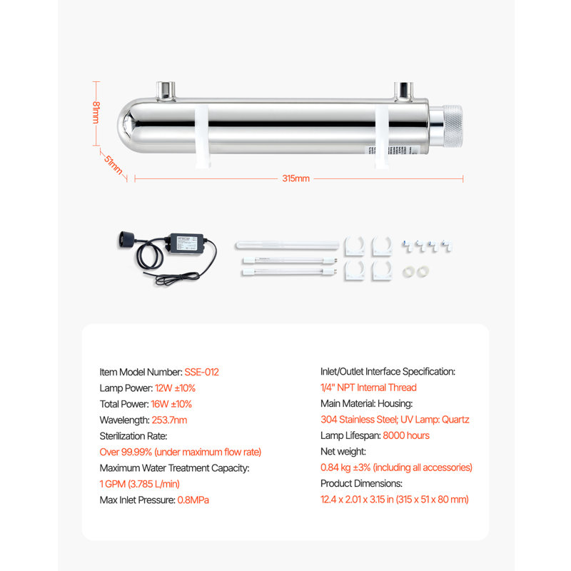 Filtre ultraviolet 110V 12W UV Water Purifier 1GPM