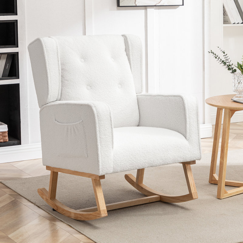 33" Wide Rocking Chair with Solid Wood Leg, Teddy White