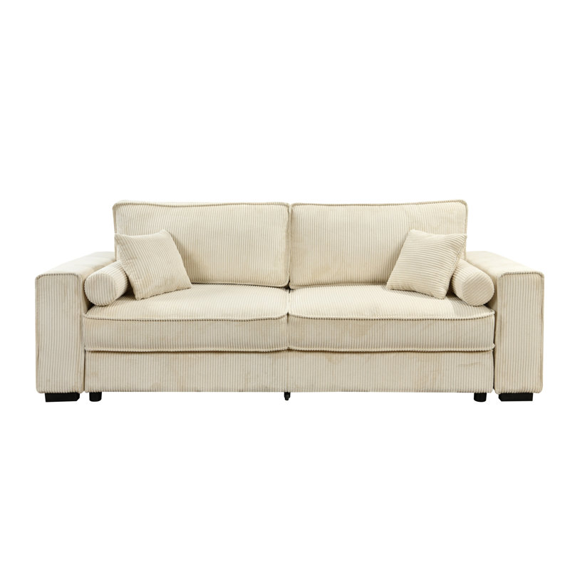 Syd 91'' Corduroy Square Arms Sleeper Convertible Sleeper Bed Firm Queen Size Sleeper Sofa, Beige