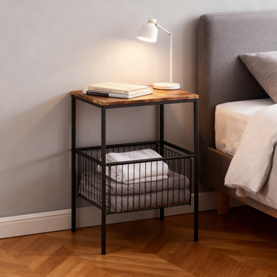 Industrial Tall End Table With Storage Basket, Multi-Functional Nightstand With Shelf Organizer, Sturdy Metal Frame And Waterproof Wood Top For Living Room, Bedroom, Office