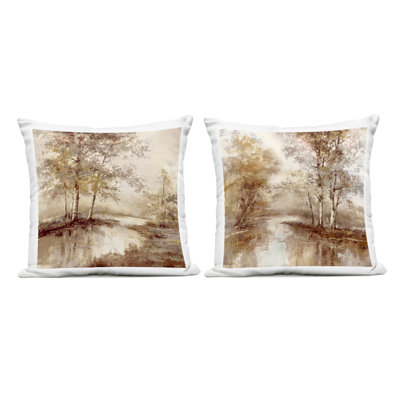Ensemble de 2 coussins d'extérieur Woodland Views in sépia, design par T.C. Chiu