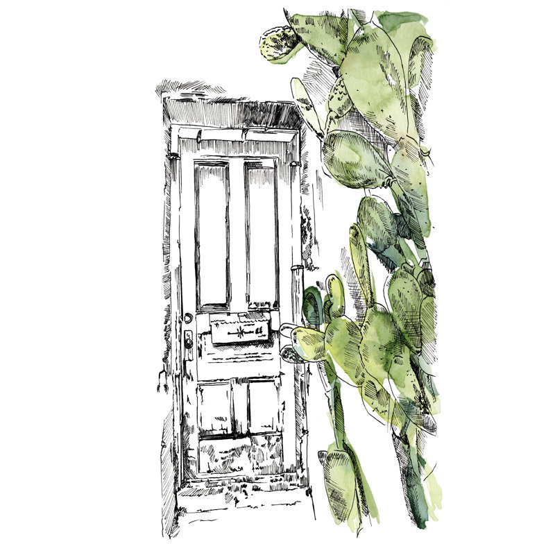 «Cactus Door IV» par Jennifer Paxton Parker - peinture sur toile tendue, H 30 po x l 20 po