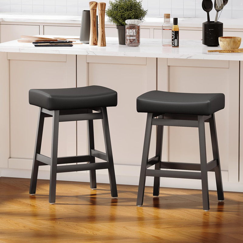 26" Solid Wood Bar Stools Set of 2 with Faux Leather Upholstery,Backless Counter Height Bar Stools,Saddle Stool   , 2, Black