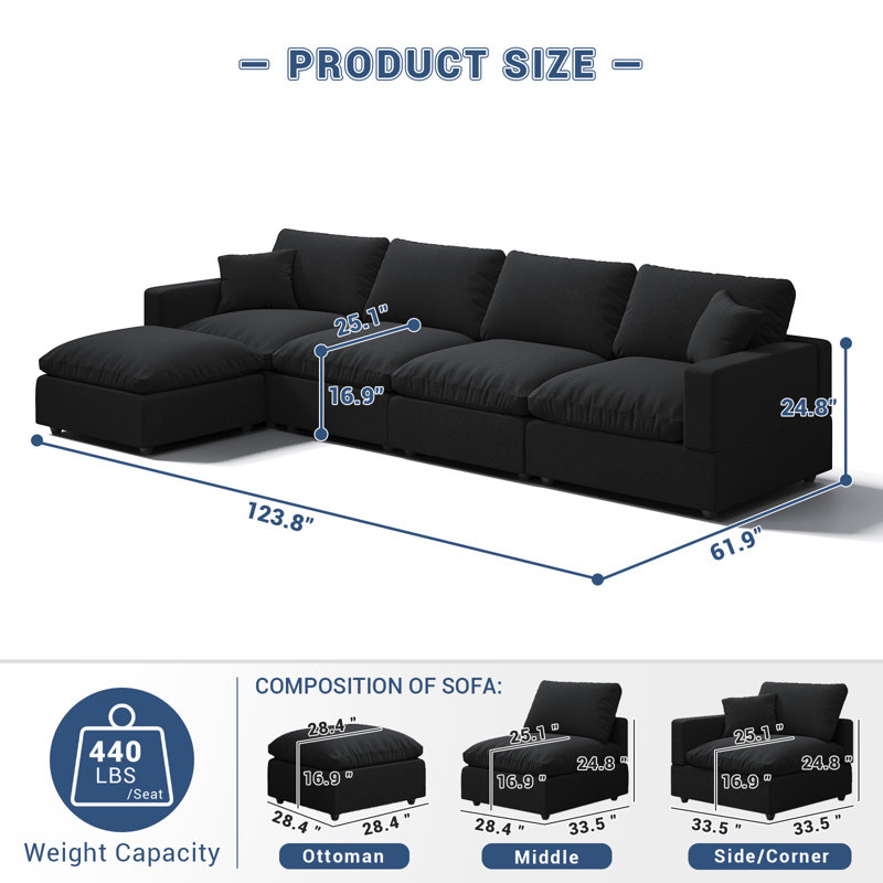 Canapé modulaire Cloud Couch, canapé modulaire convertible à siège profond pour le salon, canapé modulaire rembourré en duvet moelleux avec repose-pieds mobile