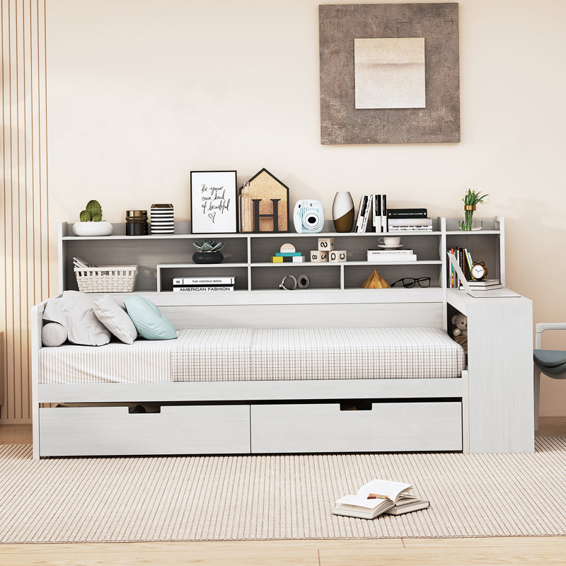 Lit de jour simple en bois avec tablettes de rangement, lit multifonctionnel avec deux tiroirs de rangement, Blanc antique