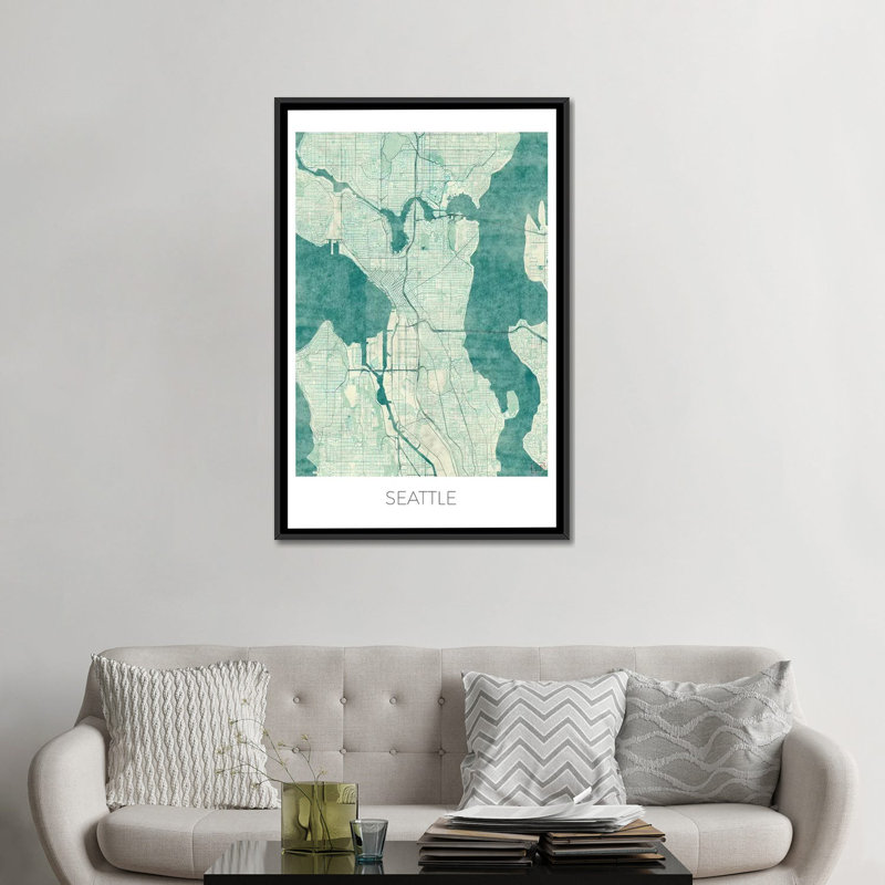 « seattle blue blue blueprint map », impression sur toile, H 26 po x l 18 po x P 1,5 po, Toile avec cadre noir, Pas de tapis