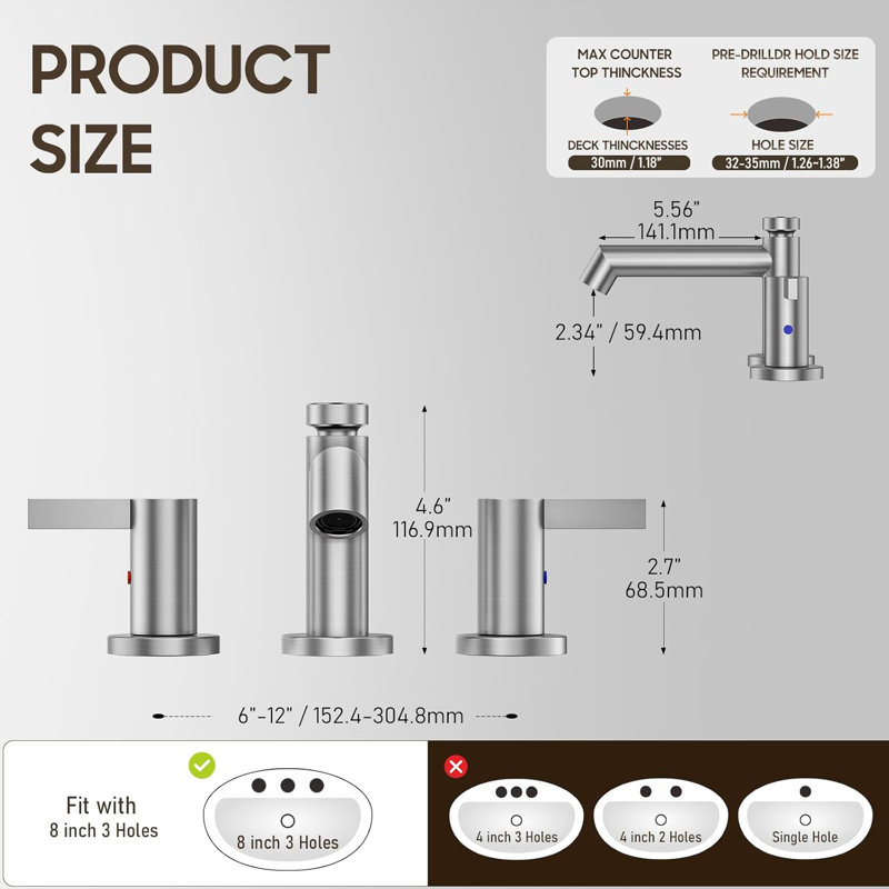 Brushed Nickel 8 Inch Bathroom Sink Faucet, 3 Hole Widespread Modern Bathroom Faucet, Bathroom Faucet With Metal Pop Up Drain And Water Supply Line