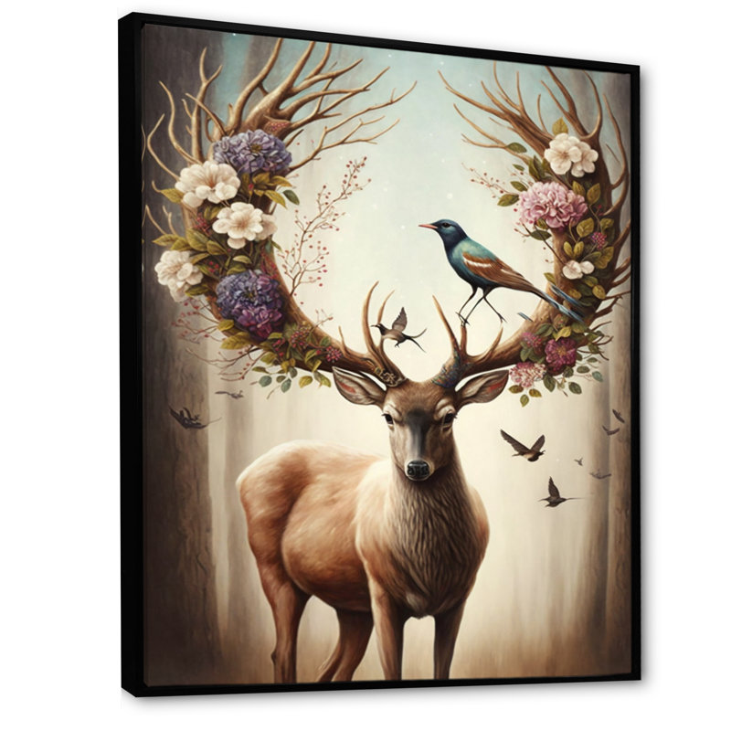 «Deer With Blooming Antler I», impression sur toile encadrée, H 32 po x l 24 po, Cadre flottant noir