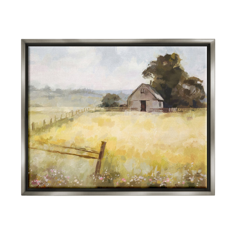Ba-648-Floater Distant Barn Country Fence, encadré sur toile par Ziwei Li, Cadre flottant gris lustré