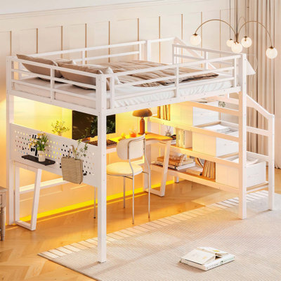 Lit mezzanine double en métal avec escalier de rangement, bureau mobile et DEL, idéal pour économiser de l'espace et une vie multifonctionnelle