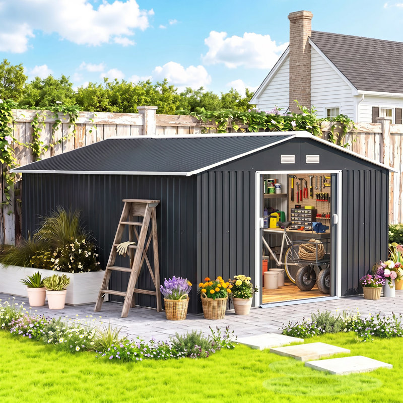 Barnesville 13 x 11ft Metal Garden Shed Waterproof Galvanised, Grey
